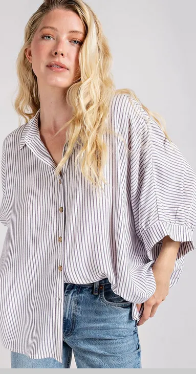 Tori Short Sleeve Button Down in Lavender Stripe