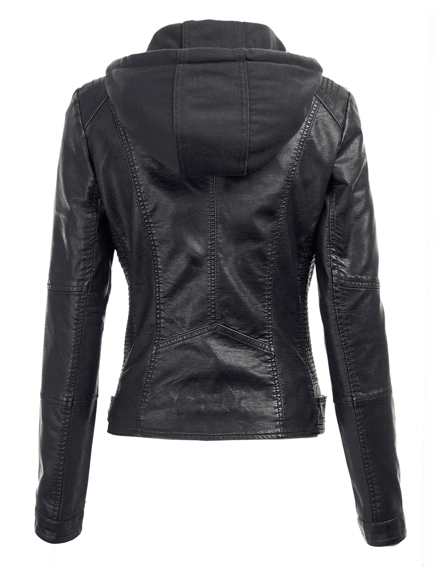 Womens Faux Leather Motorcycle Jacket with Hoodie